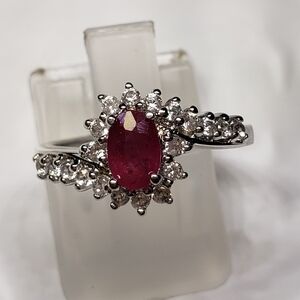 Mozambique Ruby and White Zircon Sunburst Ring